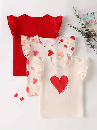Camiseta de Manga con Volantes y Estampado de Corazones Luxeira