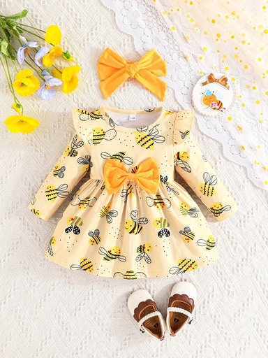 Vestido con Volantes y Estampado de Abeja + Diadema Luxeira
