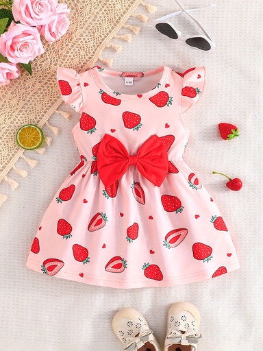 Vestido de Cuello Redondo con Estampado de Fresas Luxeira
