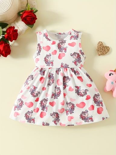 Vestido Sin Mangas con Estampado de Unicornio y Corazones Luxeira