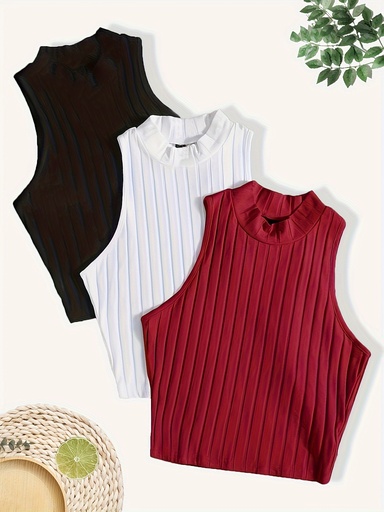 Top sin Mangas de Cuello Alto Acanalado Luxeira
