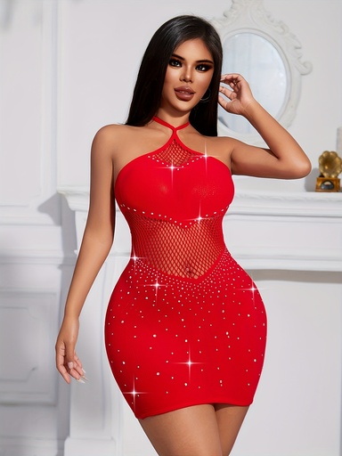 Vestido de Punto Rojo con Cuello Halter y Detalle de Malla Luxeira