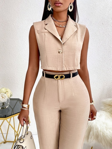 Conjunto de Pantalón Elegante y Blazer Corto Sin Mangas Luxeira