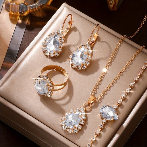 Set de 5 Piezas de Joyería: Colgantes de Diamantes de Imitación en Forma de Gota, Collar, Aretes y Anillo