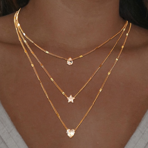 Collar de 3 Capas con Colgantes de Corazón, Estrella y Gota de Lágrima
