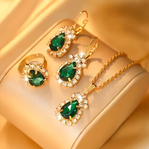 Set de 4 Piezas con Diamantes de Imitación: Collar, Pendientes y Anillo