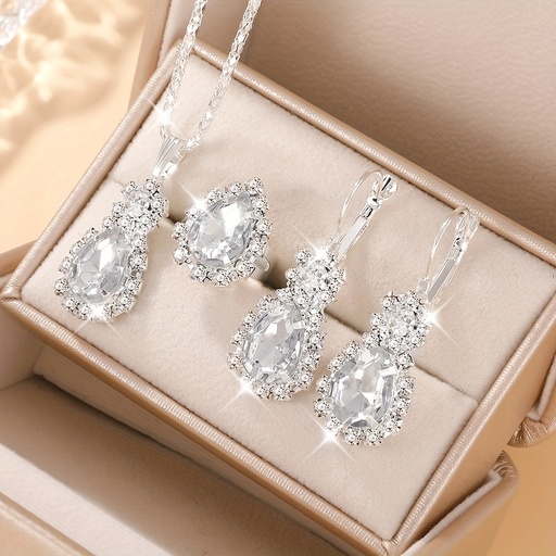 Set de 4 Piezas de Joyería con Forma de Gota de Agua: Collar, Anillo y Pendientes