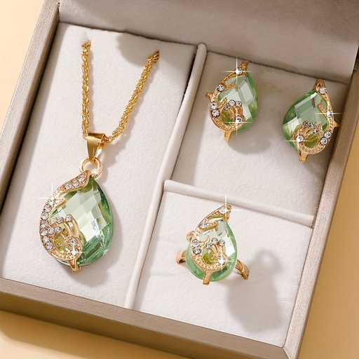 Set de 4 Piezas de Joyería: Lujoso Collar con Colgante de Gota de Vidrio y Pedrería, Juego de Pendientes y Anillo