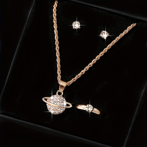 Set de 4 Piezas de Joyería: Collar, Pendientes y Anillo con Detalles de Vidrio