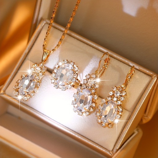 Set de 4 Piezas de Joyería Colgante Ovalada: Collar, Anillo y Pendientes