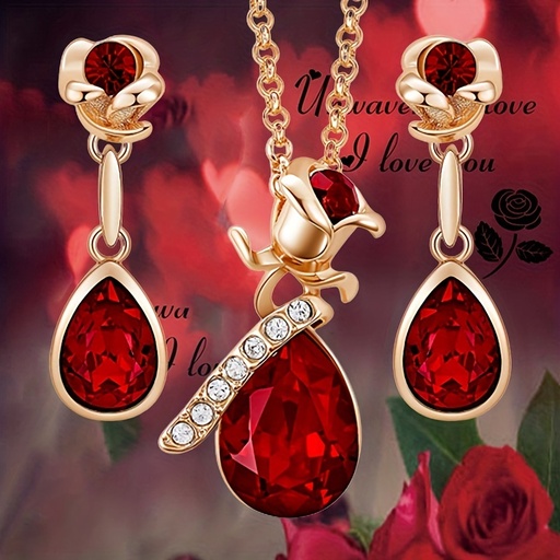 Set de 3 Piezas de Joyería: Collar y Pendientes con Colgante de Flor Rosa y Gota de Agua