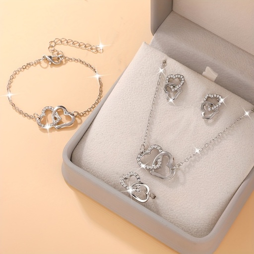 Set de 5 Piezas de Joyería con Colgante en Forma de Corazón: Collar, Anillo, Aretes y Pulsera