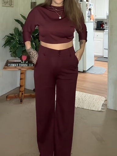 Conjunto de Top Elegante Cropped y Pantalones de Pierna Ancha de Cintura Alta Luxeira